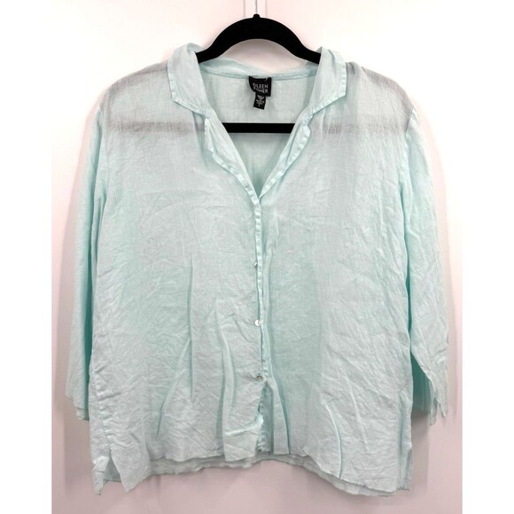 Eileen Fisher Irish Linen Top Large Button Down Collar 3/4 Sleeve Blue $158 - Picture 1 of 9